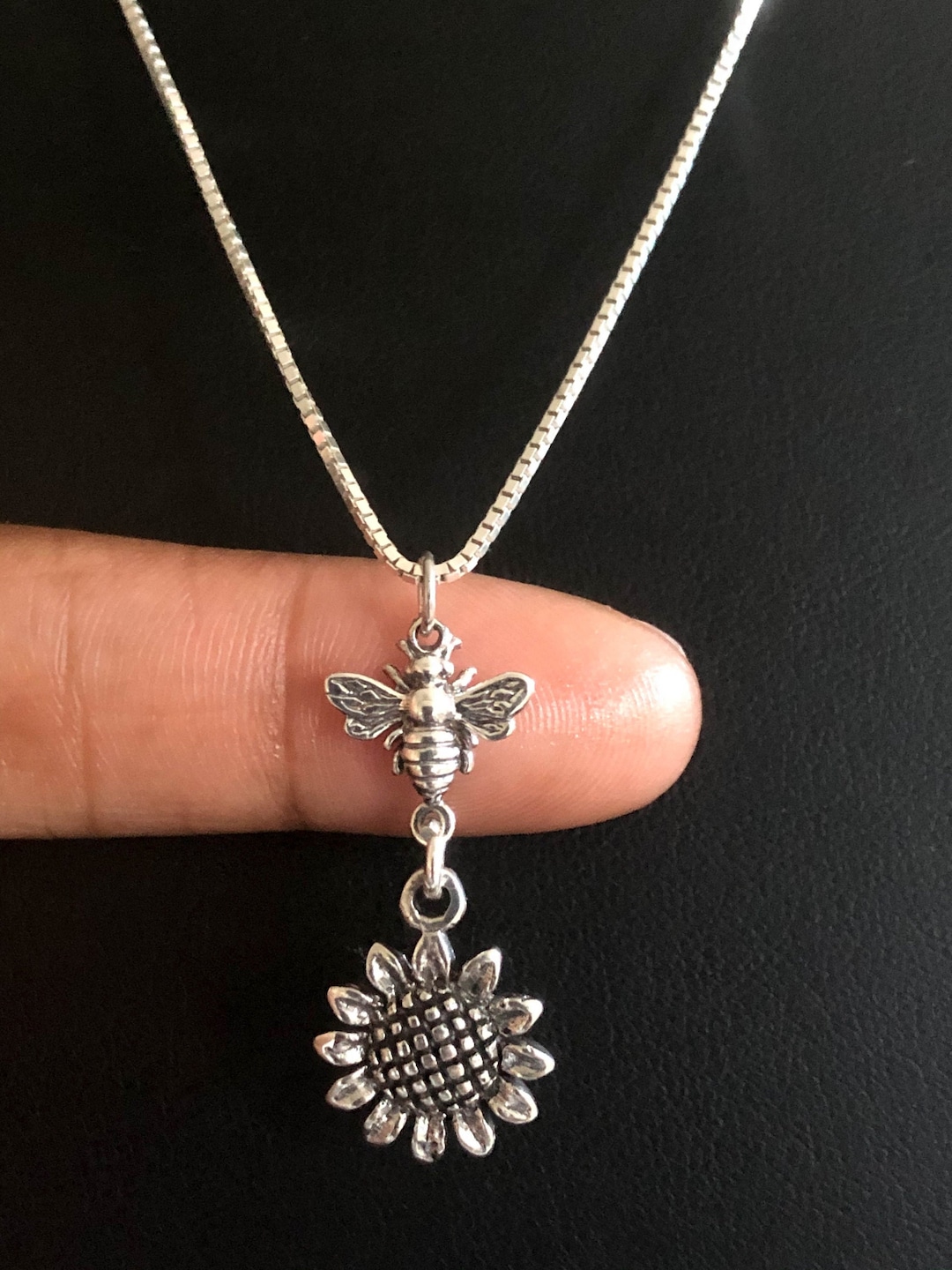 Sunflower Bee Necklace Sterling Silver Sunflower Necklace Etsy