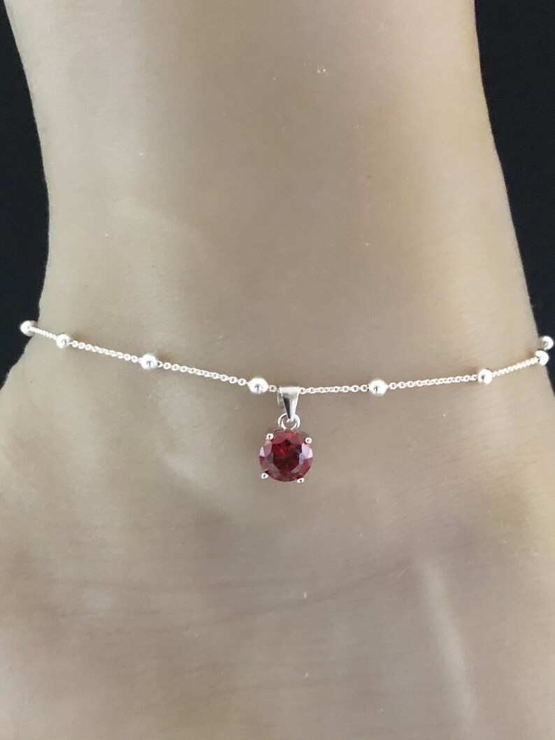 Beach Wedding Ankle Chain Garnet Charm Anklet Good Luck Charm Jewelry Sterling Silver Beaded Ankle Bracelet Garnet Anklet