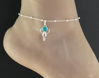 Natural Turquoise Buffalo Anklet, Sterling Silver Beaded Ankle Bracelet, December Birthstone Jewelry, Moon Buffalo Anklet, Beach Wedding