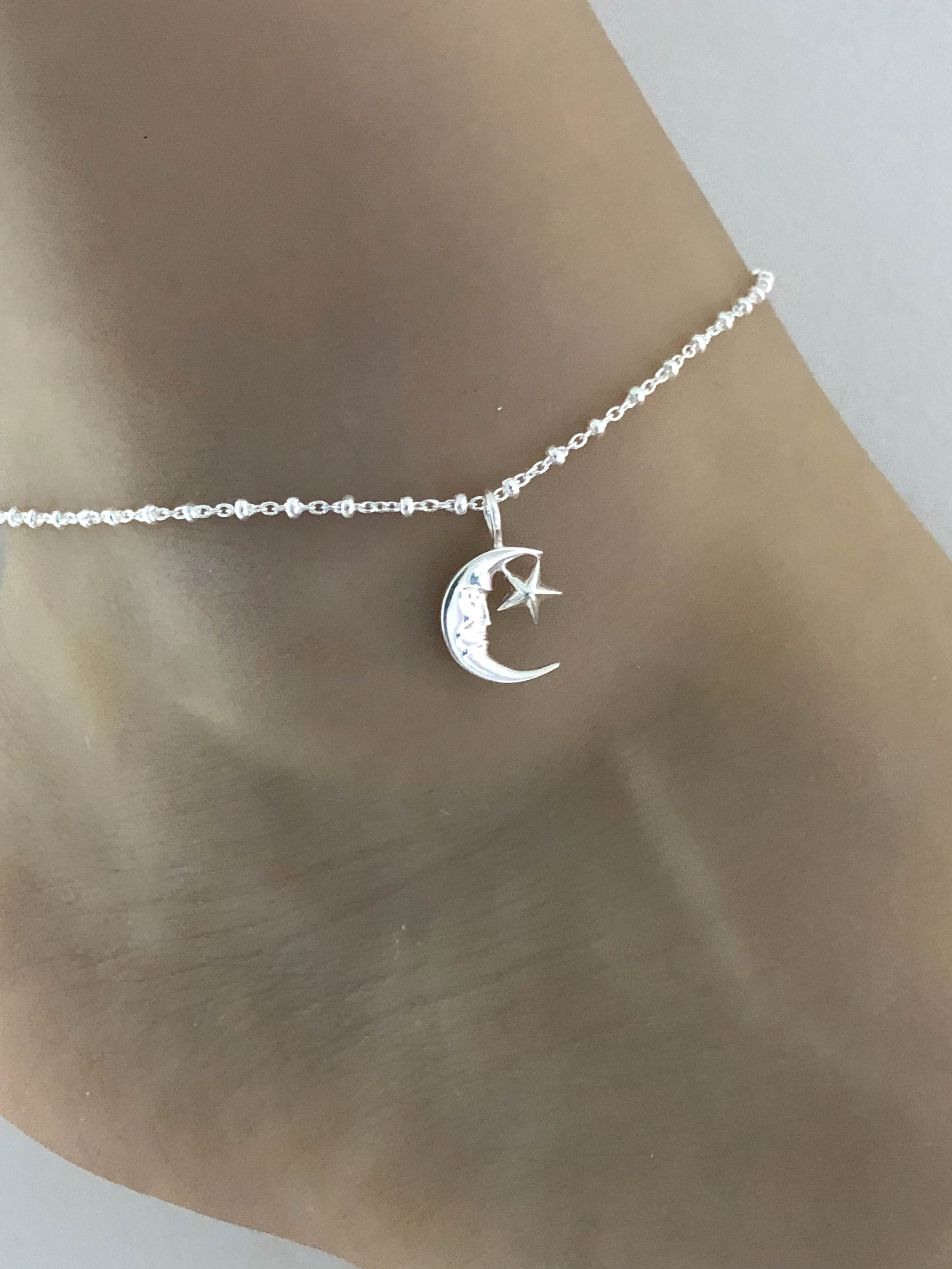 Moon and Star Anklet Sterling Silver Beaded Ankle Bracelet Etsy