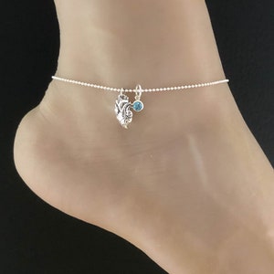 Anatomical Heart Anklet, Sterling Silver Beaded Ankle Bracelet, Good Luck Charm Jewelry, Heart Charm, Birthstone Ankle Chain, Beach Wedding
