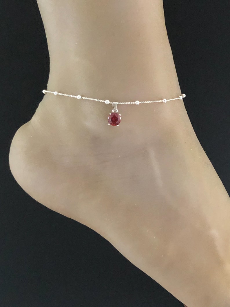 Beach Wedding Ankle Chain Garnet Charm Anklet Good Luck Charm Jewelry Sterling Silver Beaded Ankle Bracelet Garnet Anklet