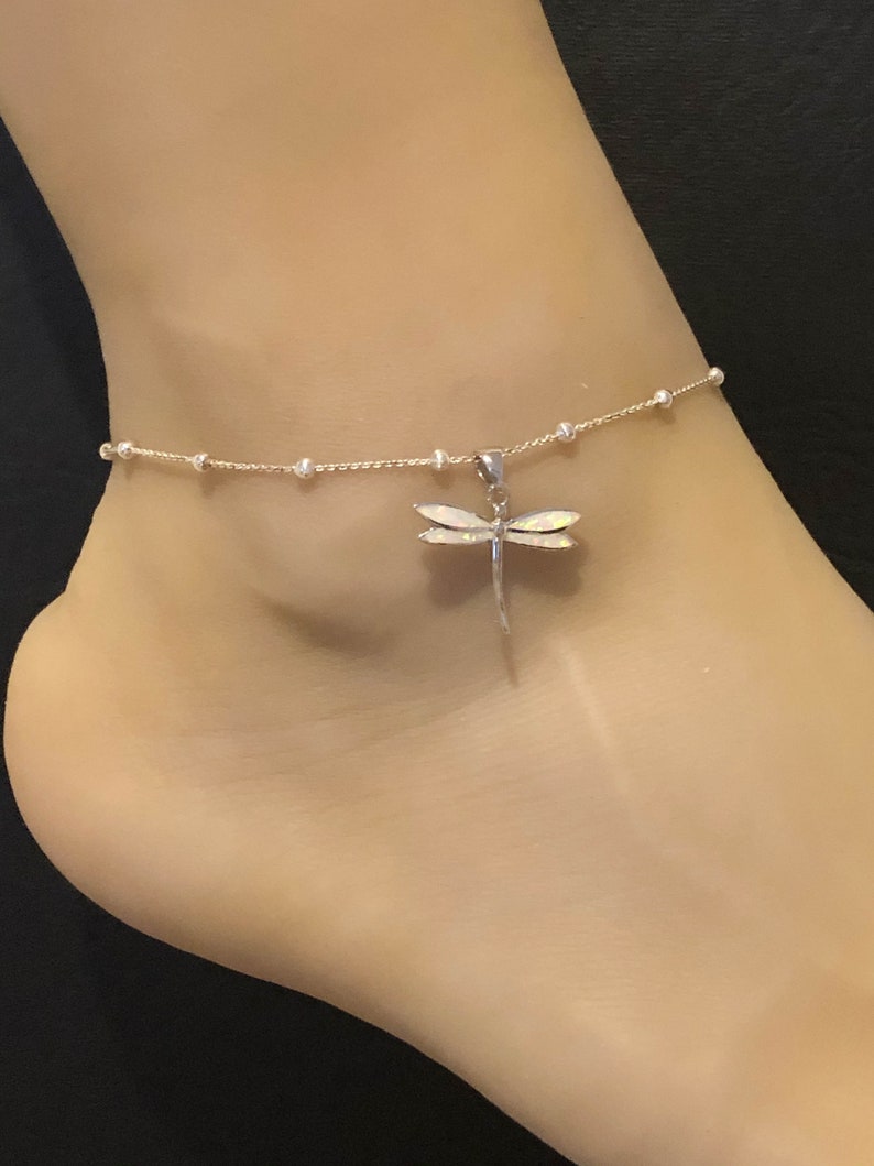Sterling Silver Beaded Ankle Bracelet Dainty Dragonfly Charm Anklet Chain Good Luck Charm Jewelry White Opal Dragonfly Anklet