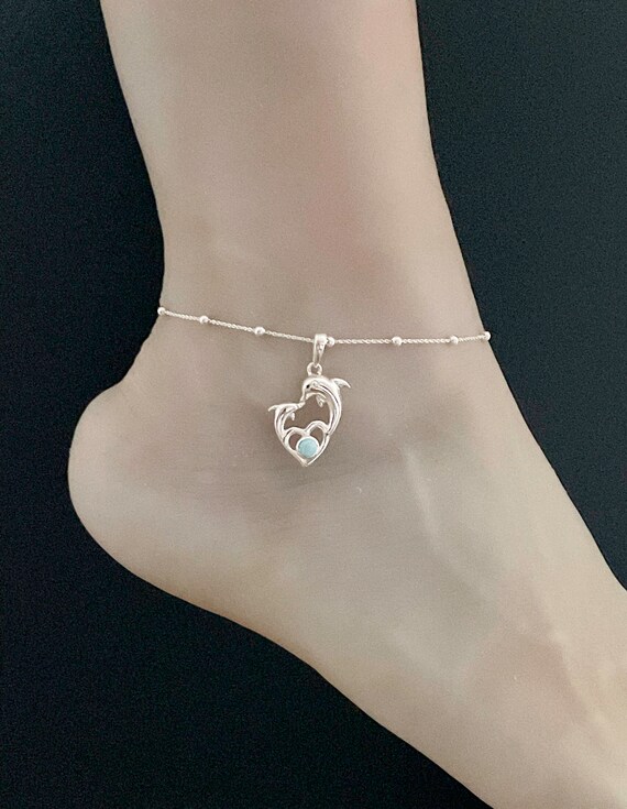 Natural Larimar Dolphin Anklet, Sterling Silver Beaded Ankle