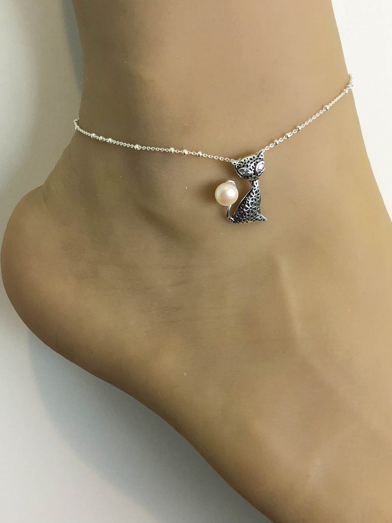 Beach Wedding Sterling Silver Beaded Ankle Bracelet Cat Charm Anklet Chain Cat Anklet Cat With Pearl Anklet Good Luck Charm Jewelry