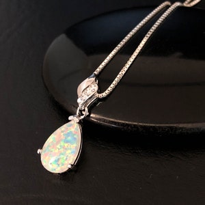 Fire Opal Necklace, Bridal Jewelry, Sterling Silver White Opal Pendant, CZ Wedding Necklace, October Birthstone Jewelry, Gift For Girlfriend