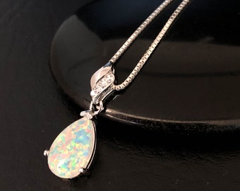 Fire Opal Necklace, Bridal Jewelry, Sterling Silver White Opal Pendant, CZ Wedding Necklace, October Birthstone Jewelry, Gift For Girlfriend