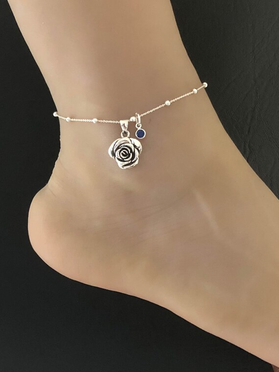 Rose Anklet Sterling Silver Beaded Ankle Bracelet Good Luck