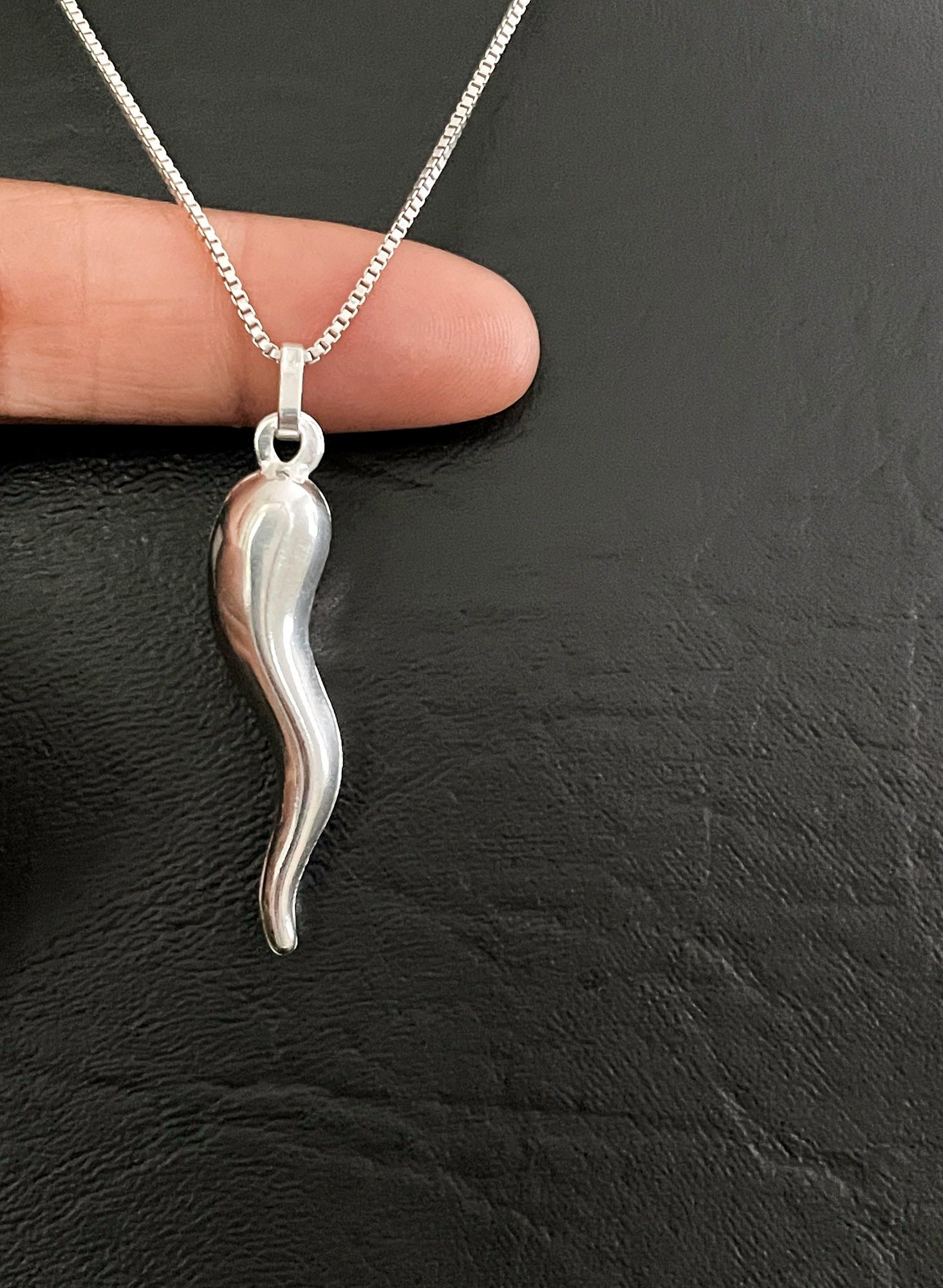 Italian Horn Necklace, Sterling Silver Italian Horn Pendant, Chili