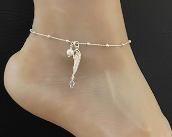 Natural Blue Topaz Angel Wing Anklet, Sterling Silver Beaded Ankle Bracelet, Guardian Angel Anklet, Memorial Jewelry, Mother Of Pearl Anklet