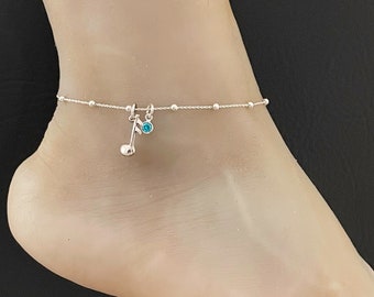 Sixteenth Note Musical Anklet, Sterling Silver Beaded Ankle Bracelet, Music Note Charm Anklet, Birthstone Ankle Chain, Beach Wedding Anklet