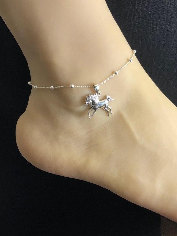 Unicorn Anklet Sterling Silver Beaded Ankle Bracelet Good Luck