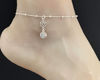 Natuurlijke regenboog Maansteen enkelbandje, Sterling zilveren kralen enkelbandje, Pentagram enkelbandje, strand bruiloft enkelketting, Boho Barefoot enkelbandje