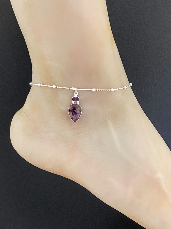 Genuine Amethyst Anklet Sterling Silver Beaded Ankle Bracelet