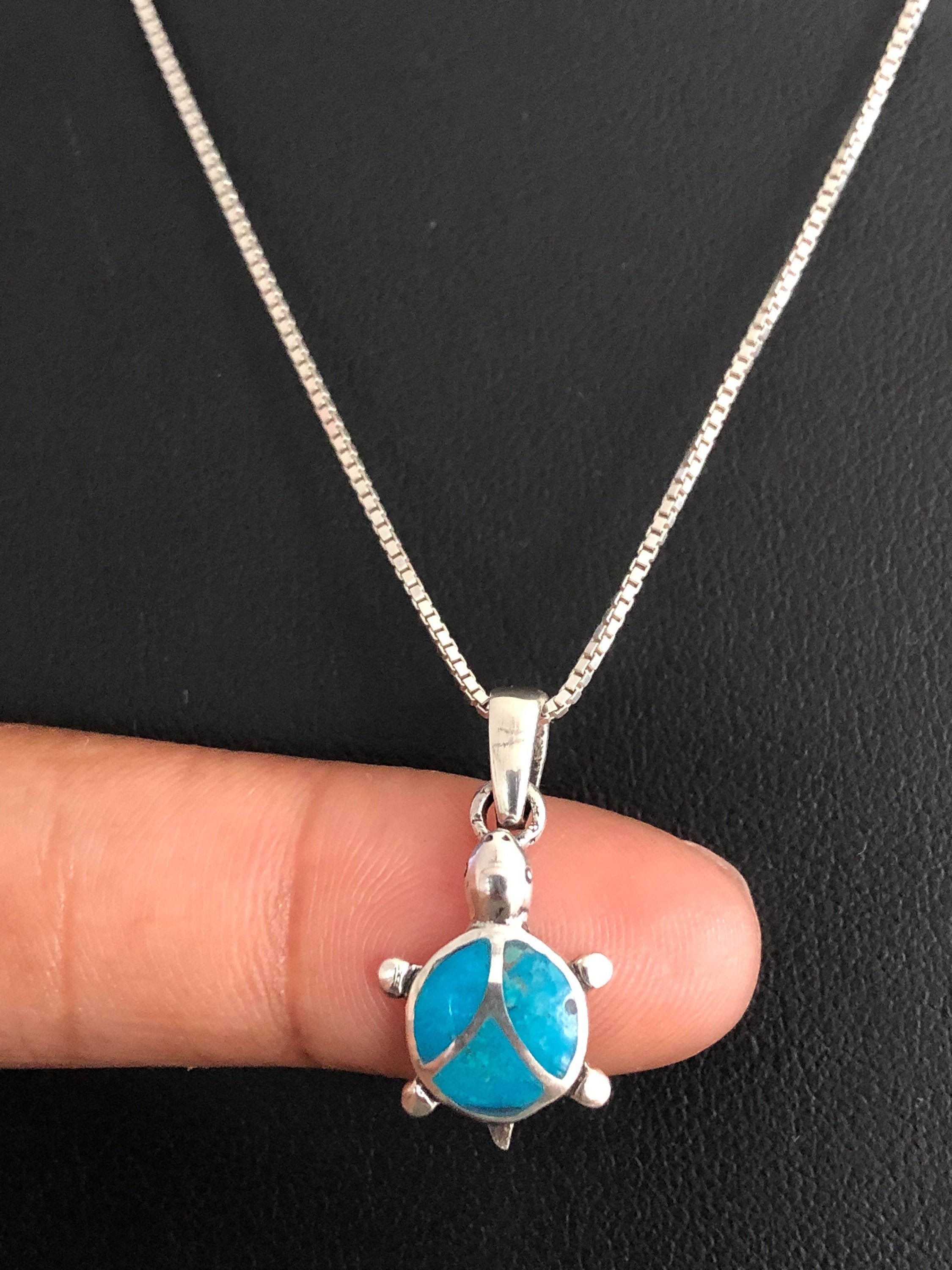 Genuine Turquoise Turtle Necklace, Sterling Silver Turtle