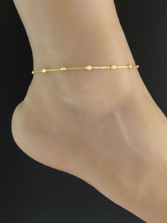 Bracelet de cheville perlé en argent sterling plaqué or 14 carats, bijoux de charme de bonne chance, chaîne de cheville pieds nus, bracelet de cheville de mariage de plage - France