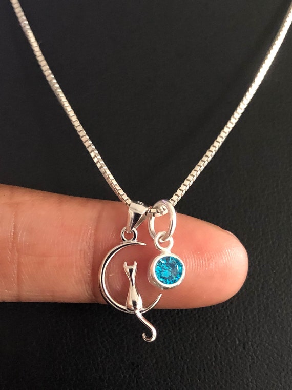Cat on Moon Necklace Sterling Silver Cat Moon Pendant Family