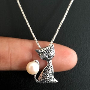 Cat Necklace Sterling Silver Cat Pearl Necklace Cat Charm - Etsy