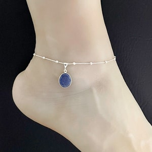 Genuine Lapis Lazuli Anklet, Sterling Silver Beaded Ankle Bracelet, Natural Lapis Lazuli Charm Anklet, January Birthstone Jewelry