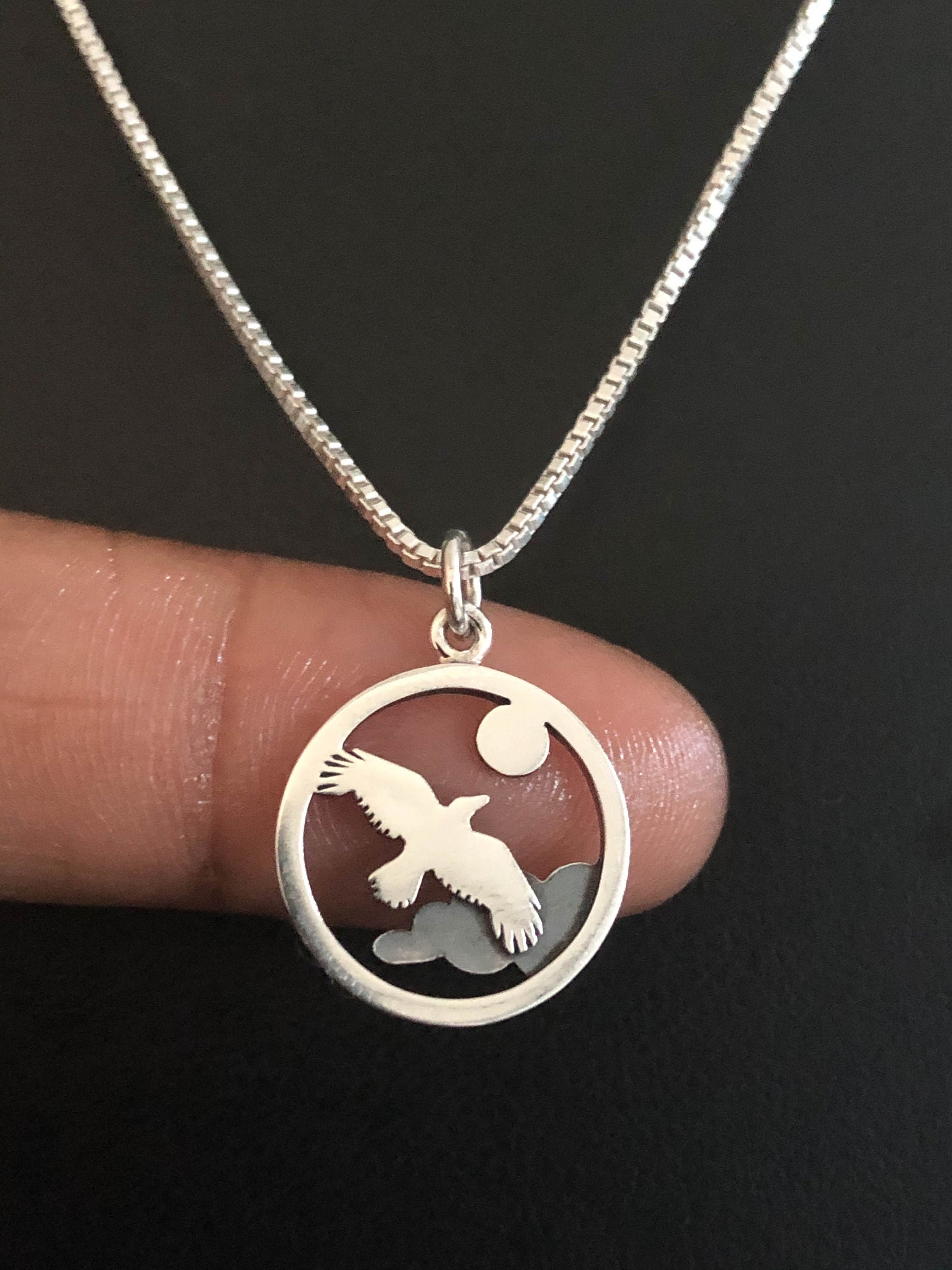 Handmade 925 Sterling Silver Bird Moon & Star Designer Pendant – 1.7 Inch, 6g