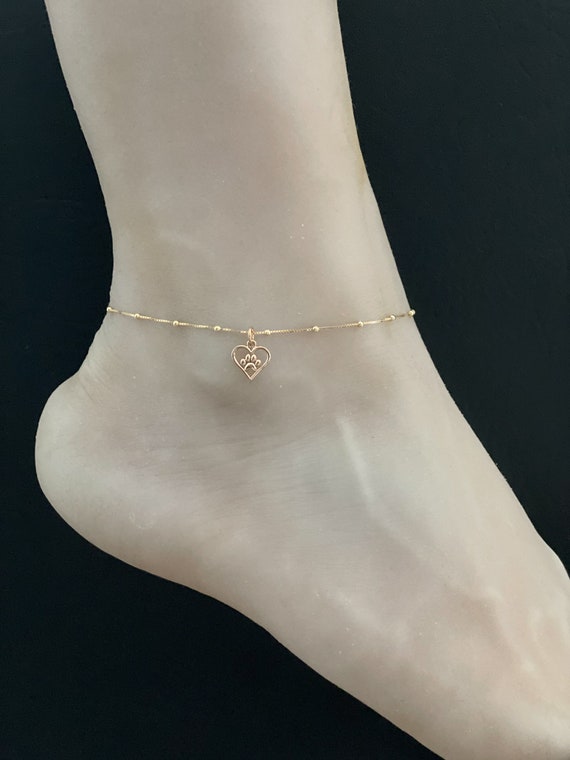 Gold Paw Print Anklet Gold Plated Over Sterling Silver Beaded
