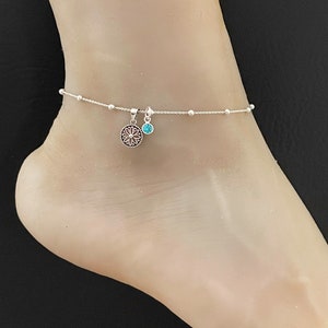Daisy Anklet, Sterling Silver Beaded Ankle Bracelet, Good Luck Charm Jewelry, Daisy Charm, Birthstone Ankle Chain, Beach Wedding Anklet