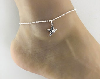 Hummingbird Anklet, Sterling Silver Beaded Ankle Bracelet, Hummingbird Charm Anklet, Hummingbird Anklet Chain, Barefoot Beach Jewelry