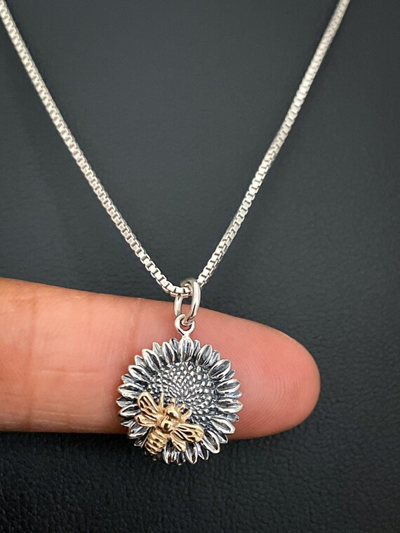 Sunflower Bee Necklace Sterling Silver Sunflower Bee Pendant Bronze Bee Pendant Bee on Sunflower Charm Bridal Wedding Necklace Etsy