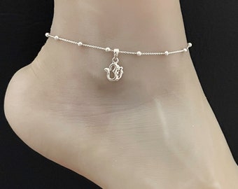 Om Sign Anklet, Sterling Silver Beaded Ankle Bracelet, Good Luck Charm Jewelry, Om Sign Anklet, Yoga Sign Anklet, Beach Wedding Chain