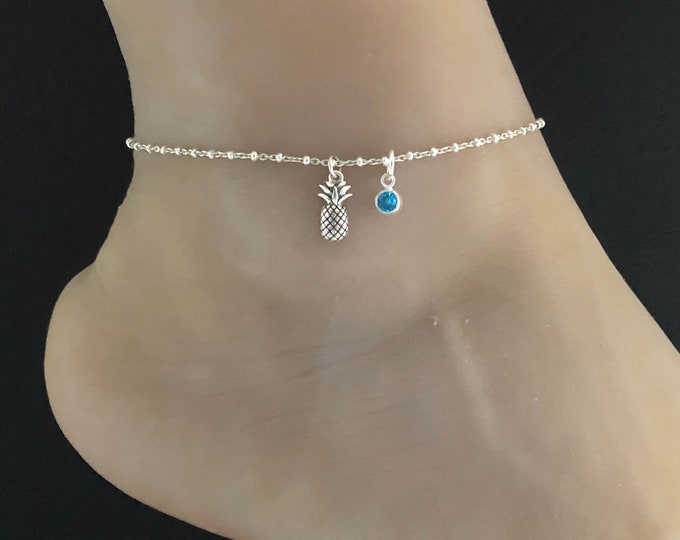 Pineapple Anklet, Sterling Silver Beaded Ankle Bracelet, Good Luck
