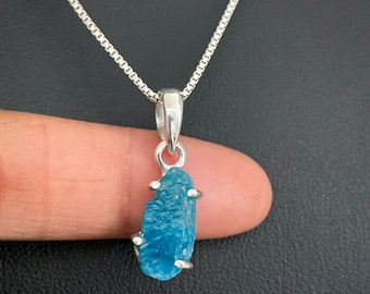 Genuine Raw Neon Apatite Necklace, Sterling Silver Apatite Pendant, Bridal Wedding Jewelry, Rough Apatite Charm Necklace, Natural Gemstone