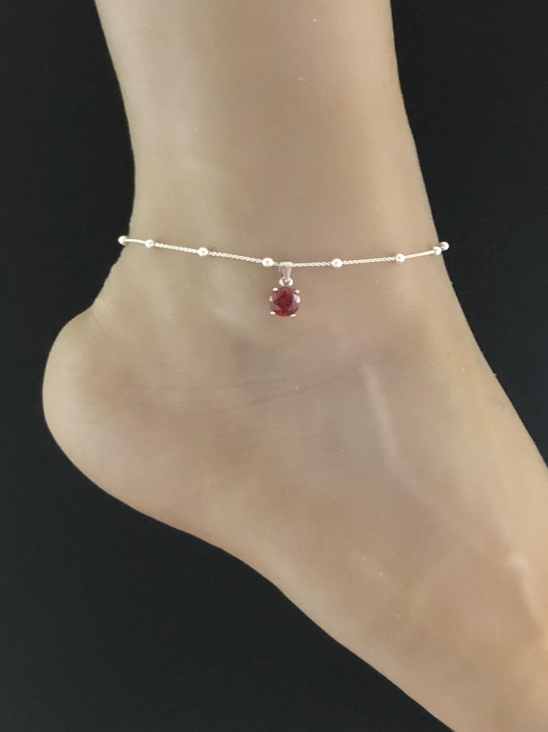 Beach Wedding Ankle Chain Garnet Charm Anklet Good Luck Charm Jewelry Sterling Silver Beaded Ankle Bracelet Garnet Anklet