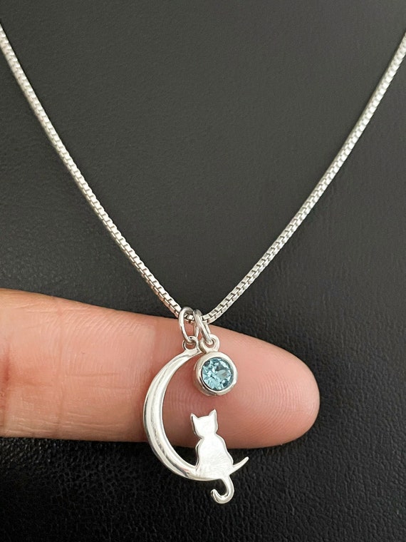 Cat on Moon Necklace Sterling Silver 