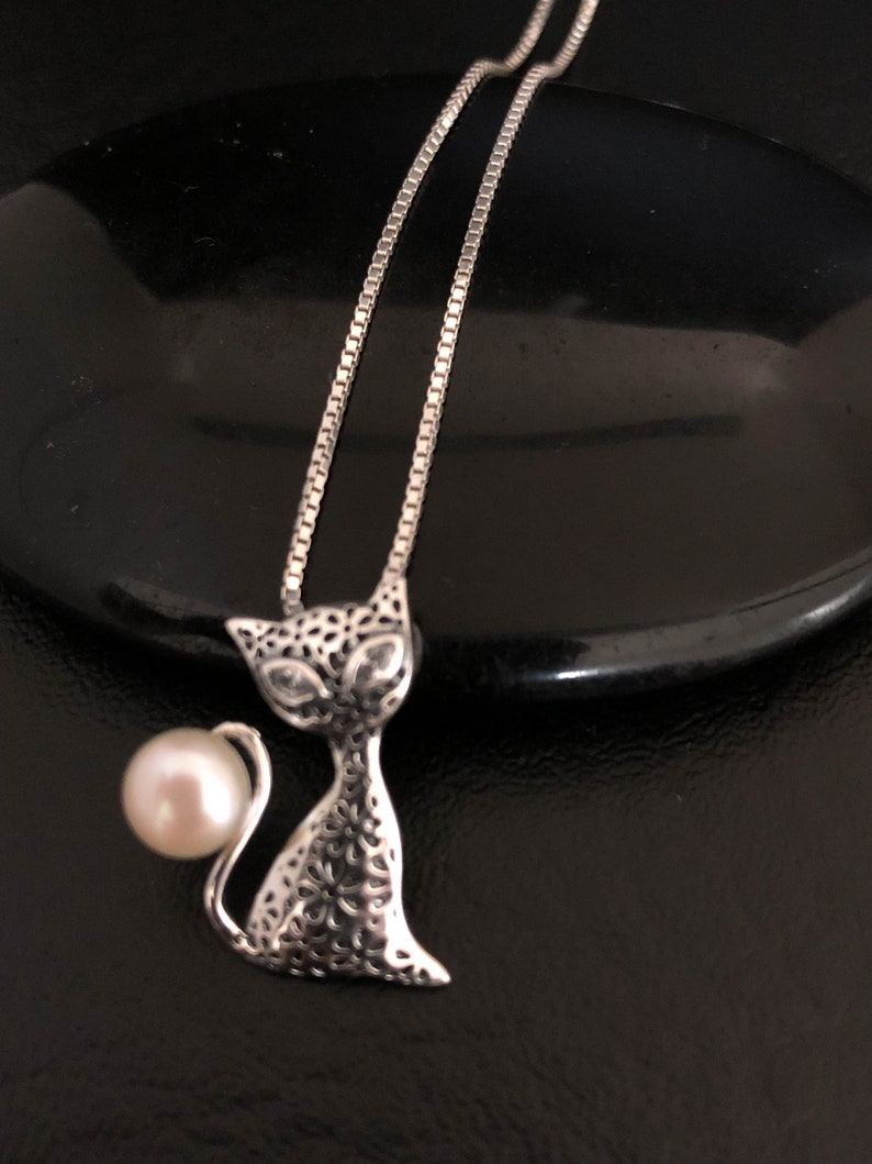 Cat Necklace Sterling Silver Cat Pearl Necklace Cat Charm - Etsy