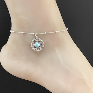 Natural Larimar Sunflower Anklet, Sterling Silver Beaded Ankle Bracelet, Sunflower Charm Anklet, Daisy Flower Jewelry, Beach Wedding Jewelry