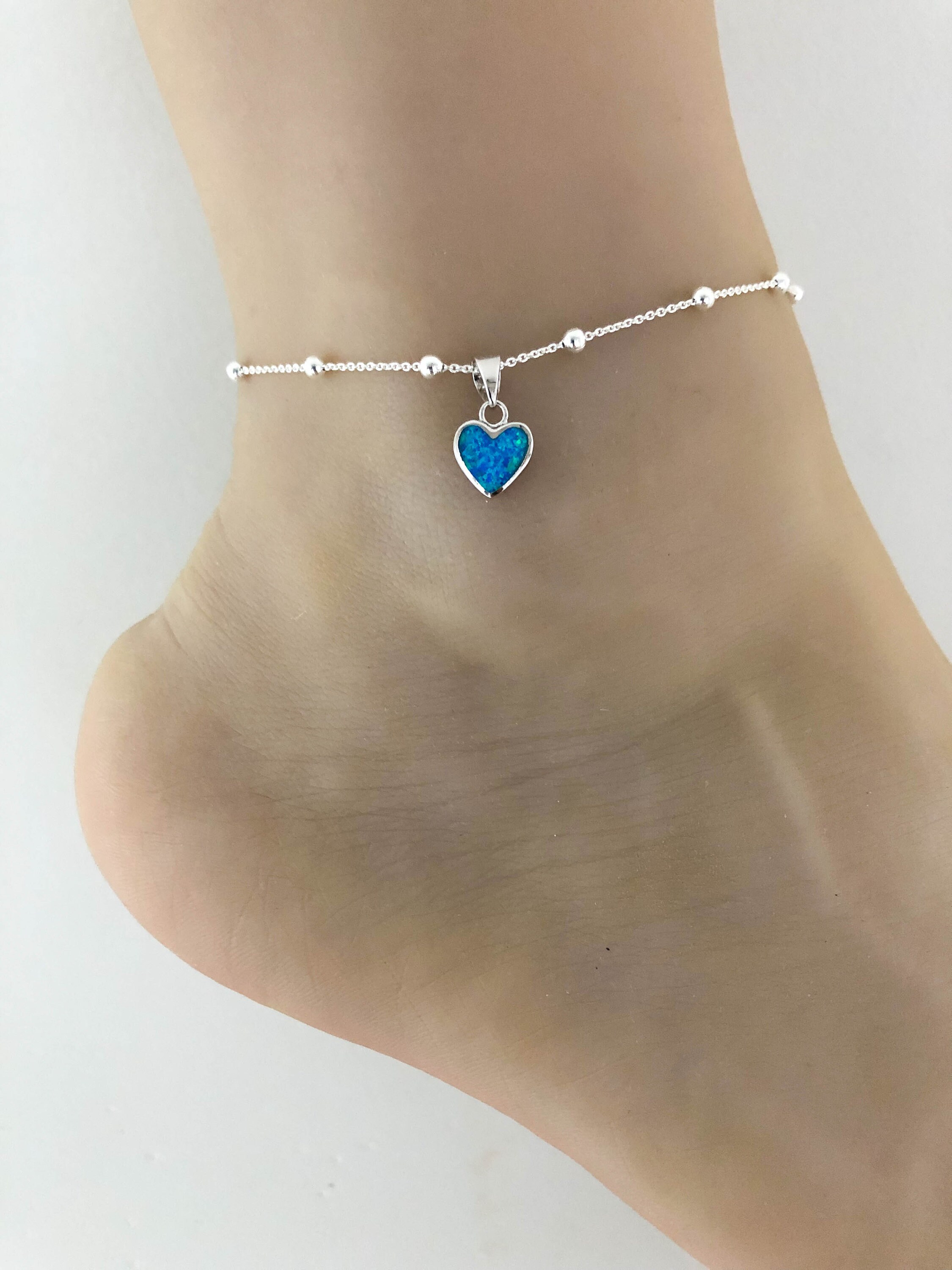 Blue Opal Heart Anklet Sterling Silver Beaded Ankle Bracelet Etsy