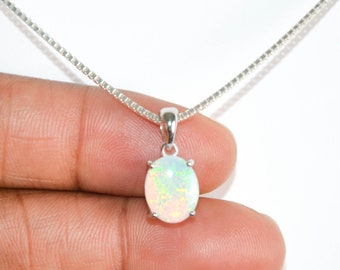 White Fire Opal Necklace, Sterling Silver Opal Necklace, October Birthstone Jewelry, Bridal Necklace, Oval Cut Opal Pendant, Girlfriend Gift