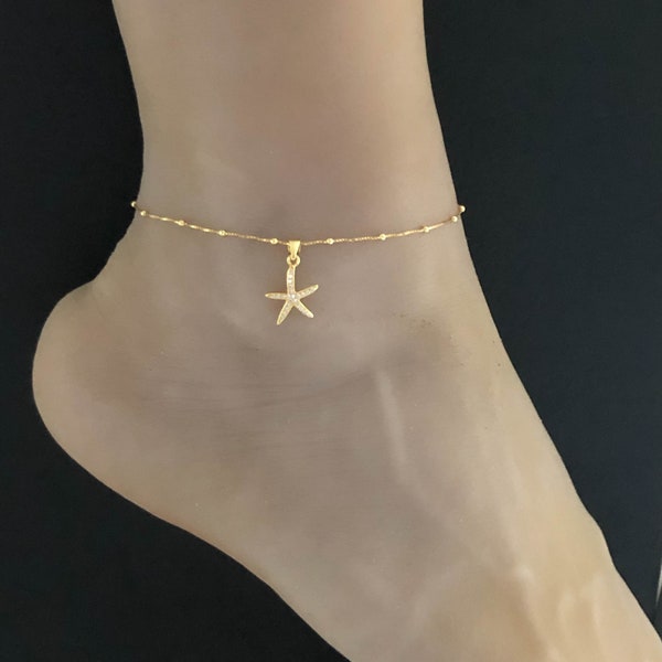 Gold CZ Starfish Anklet, Gold Plated over Sterling Silver Beaded Ankle Bracelet, Good Luck Charm, Starfish Charm, Beach Wedding Anklet