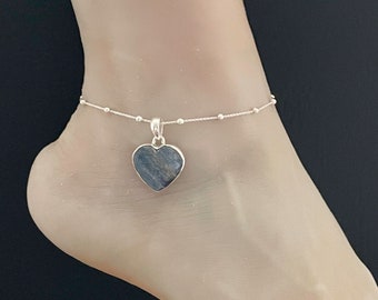 Genuine Kyanite Anklet, Sterling Silver Beaded Ankle Bracelet, Good Luck Charm Jewelry, Natural Kyanite Anklet, Beach Chain, Summer Anklet