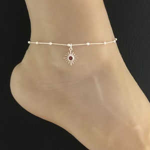 Genuine Garnet Sunshine Anklet, Sterling Silver Beaded Ankle Bracelet, Natural Garnet Sunshine Charm Anklet, January Birthstone Jewelry