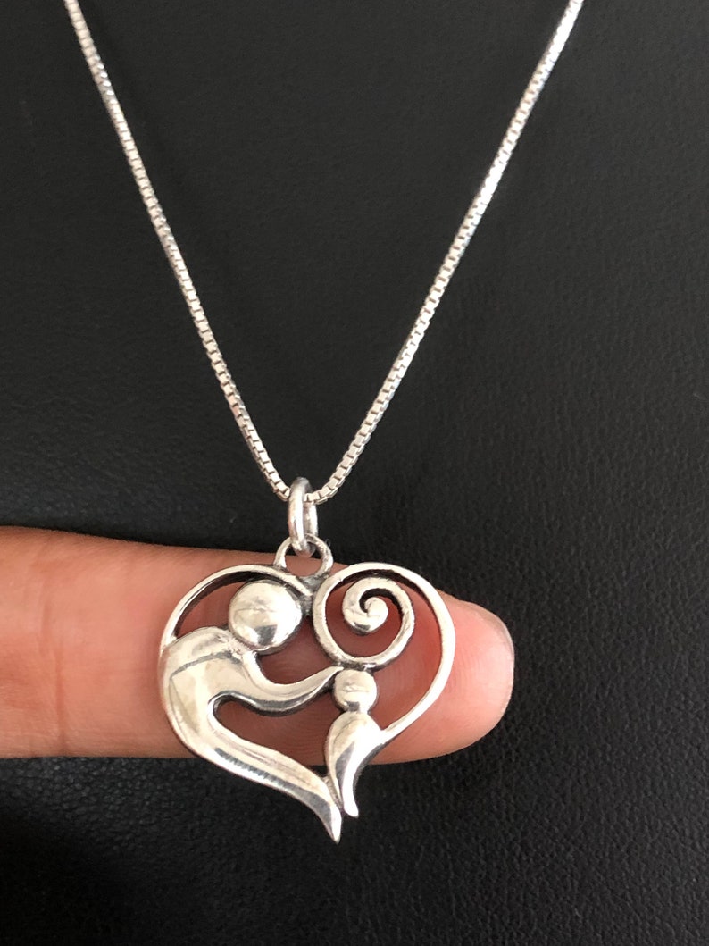 Mother and Child Necklace, Mother and Child Pendant, Sterling Silver Heart Necklace, Heart Charm Pendant, Gift For Mom, Mother Necklace image 3