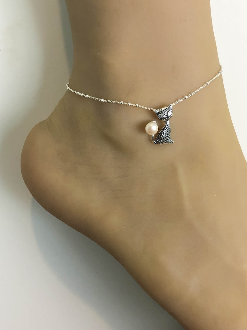 Beach Wedding Sterling Silver Beaded Ankle Bracelet Cat Charm Anklet Chain Cat Anklet Cat With Pearl Anklet Good Luck Charm Jewelry