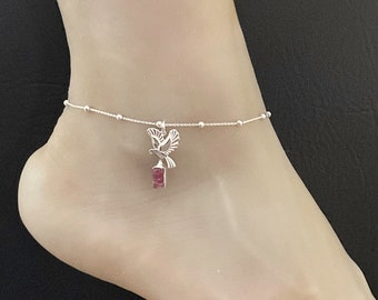 Genuine Pink Tourmaline Bird Anklet, Sterling Silver Beaded Ankle Bracelet, Lucky Charm Jewelry, Bird Charm, Tourmaline Bird Of Peace Anklet