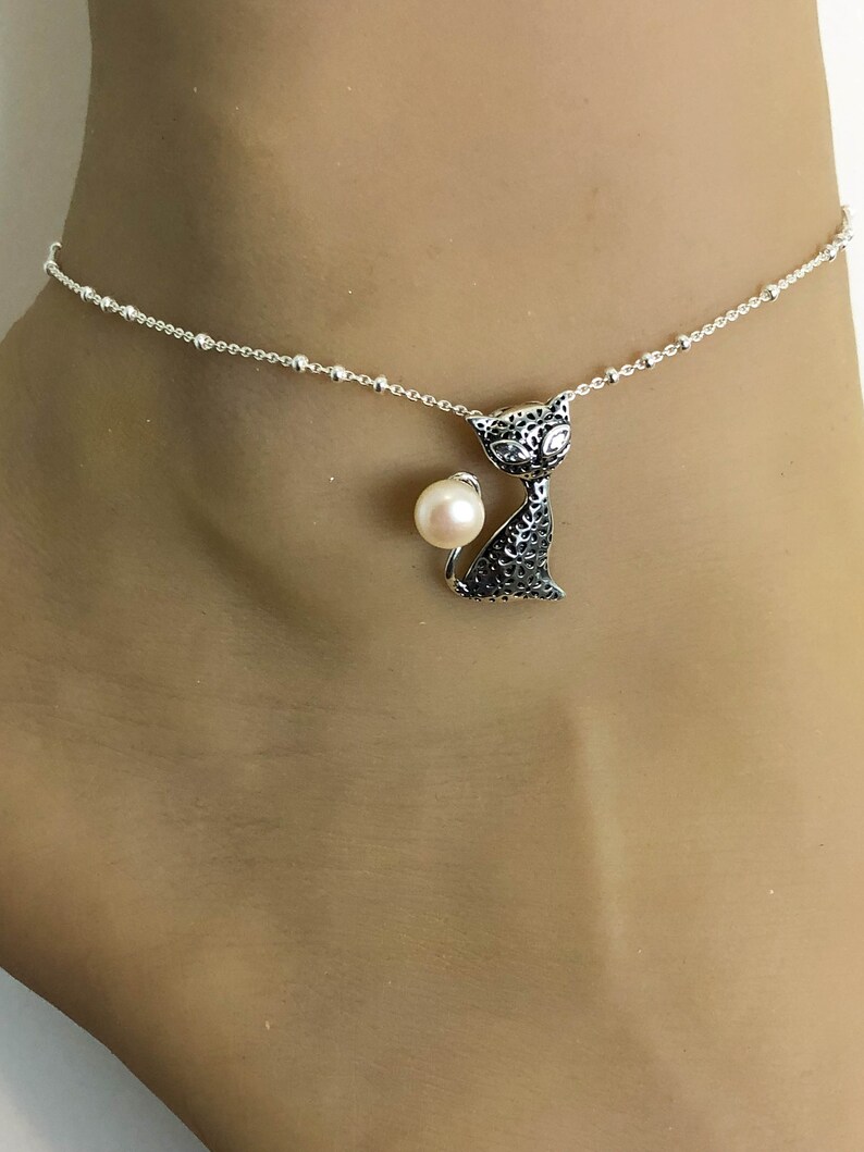 Beach Wedding Sterling Silver Beaded Ankle Bracelet Cat Charm Anklet Chain Cat Anklet Cat With Pearl Anklet Good Luck Charm Jewelry