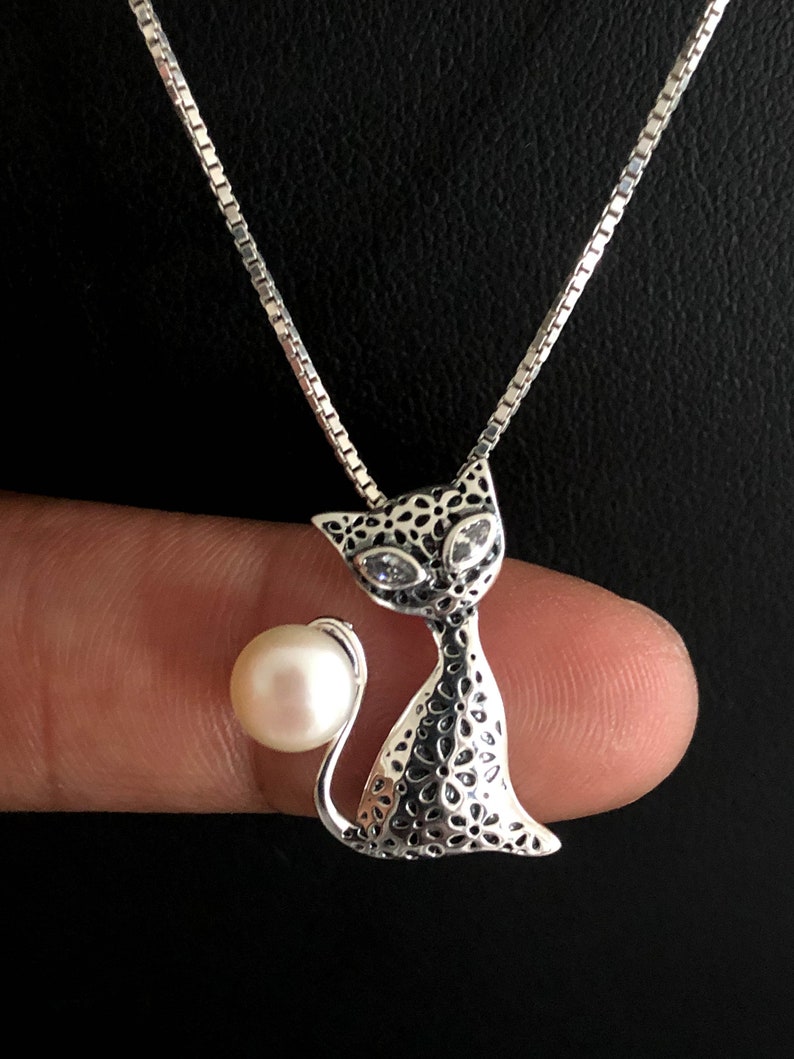 Cat Necklace Sterling Silver Cat Pearl Necklace Cat Charm - Etsy