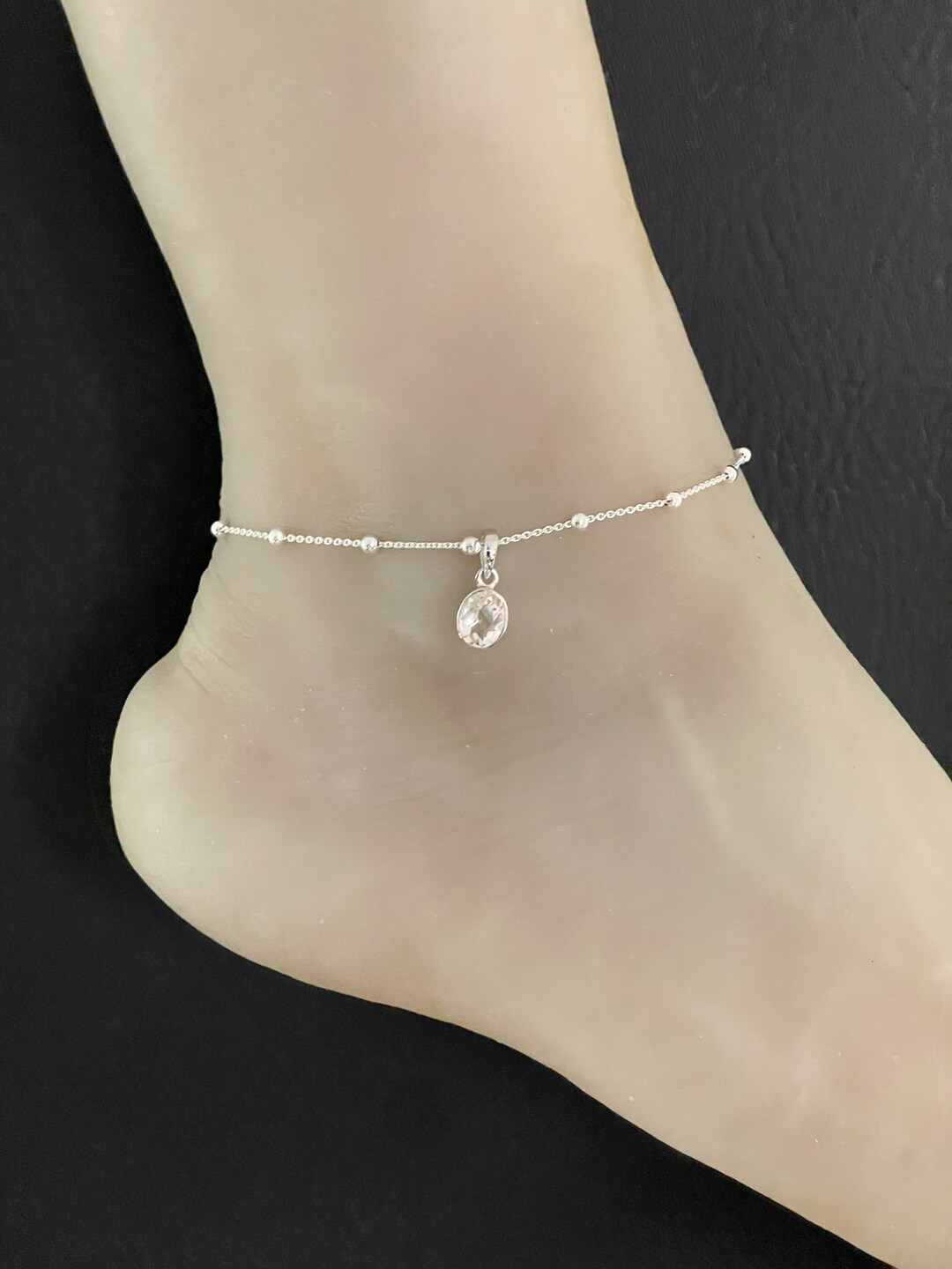 Genuine White Topaz Anklet, Sterling Silver Beaded Ankle Bracelet
