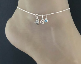 Tobillera de ratón, pulsera de tobillo con cuentas de plata de ley, joyería de amuleto de buena suerte, tobillera de encanto inicial, cadena de tobillo de piedra de nacimiento familiar