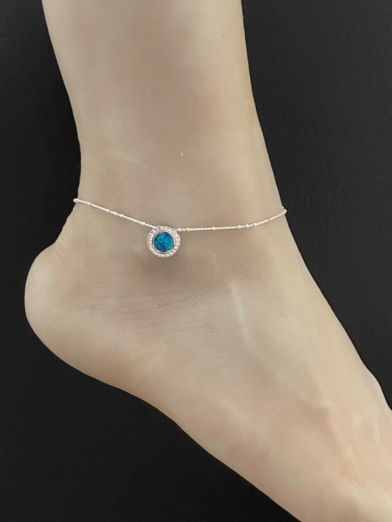 Blue Opal Anklet Sterling Silver Beaded Ankle Bracelet Good Luck Charm Jewelry Blue Fire Opal Charm Anklet Beach Wedding Anklet Chain Etsy