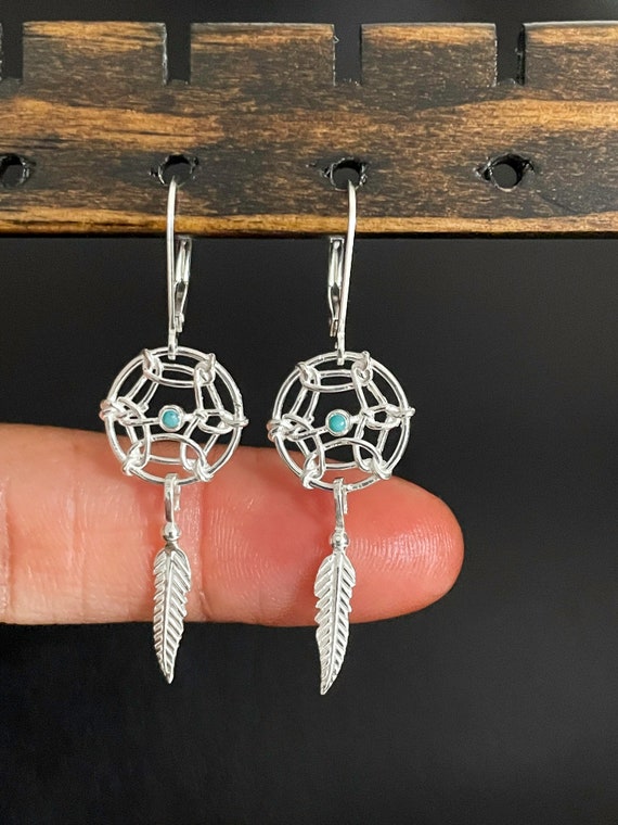 Acchiappasogni Nativo Americano Ispirato Con Orso E Turchese Argento Sterling 925 Orecchini Filo Francese Fatti A Mano Spedizione Gratuita Borsa Regalo H16 - Italia