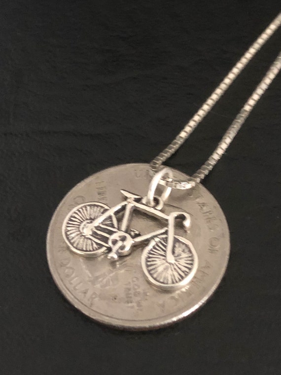 Sterling Silver Girls .8mm Box Chain 3D Ten Speed Bicycle Spokes In Rim Pendant Necklace Sterling Silver Girls .8mm Box Chain 3D Ten Speed Bicycle Spokes In Rim Pendant Necklace